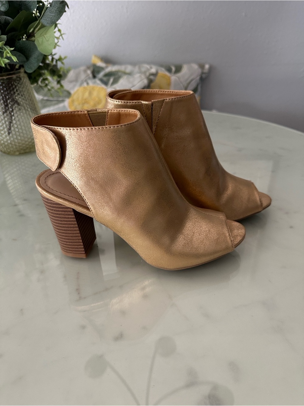 Women's Metallic Soft Gold Peep-Toe Block Heel Booties